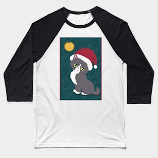 Cute Christmas card with a little kitten in a Christmas hat looking at a bauble. Baseball T-Shirt